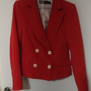 Zara Women's Vibrant Red Double-Breasted Blazer